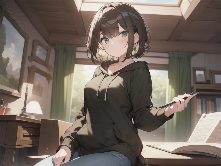 Masterpiece, best quality, 1 girl, brown short cut hair, green eyes, wear black hoodie and farmer jeans, in the room, sitting on a chair, a table, study from a book, sunny day