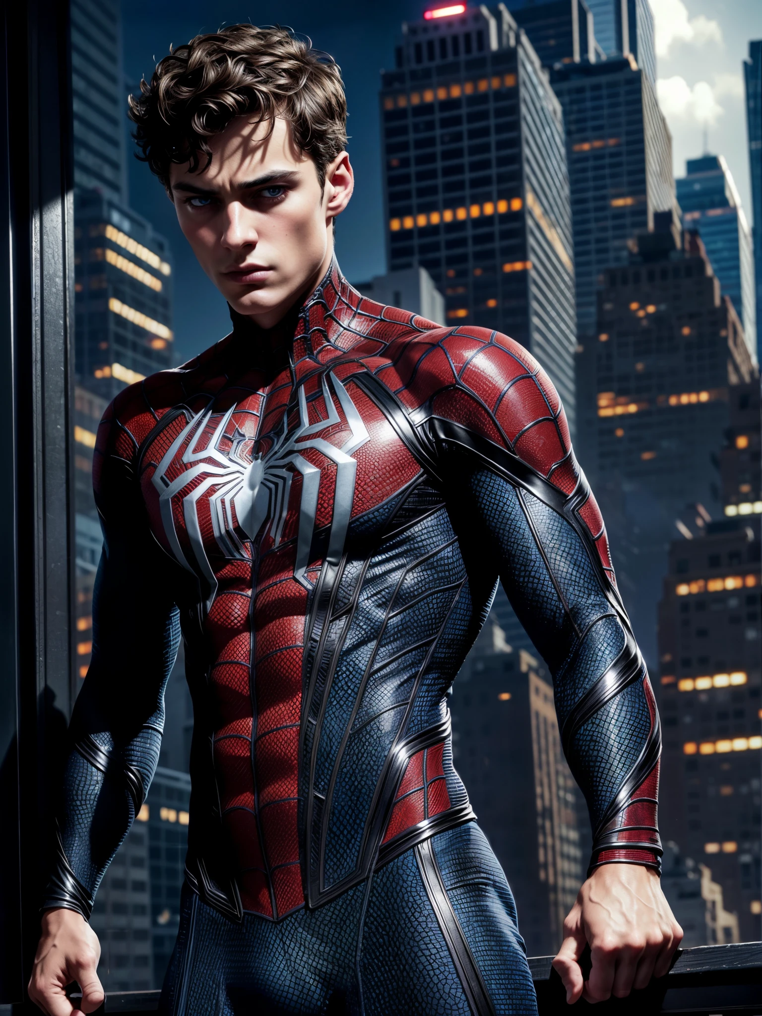 masterpiece, best quality, ultra-detailed, high resolution, extremely detailed, (full body shot:1.3), portrait of a 18 year old of a masculine male model, strong jaw line, young handsome man with a blue eyes, messy short dark hair, wavy hair, muscular, fit body, defined muscles, dark but detailed digital art, wearing a tight spider-man suit, tight fit spider man suit, spider man gloves, new york city at night, detailed digital painting, detailed fanart, handsome guy slayer art, high detailed, digital painting, detailed portrait, inspired by Alexis Grimou, hyper detail portrait, dark atmosphere, dark night,