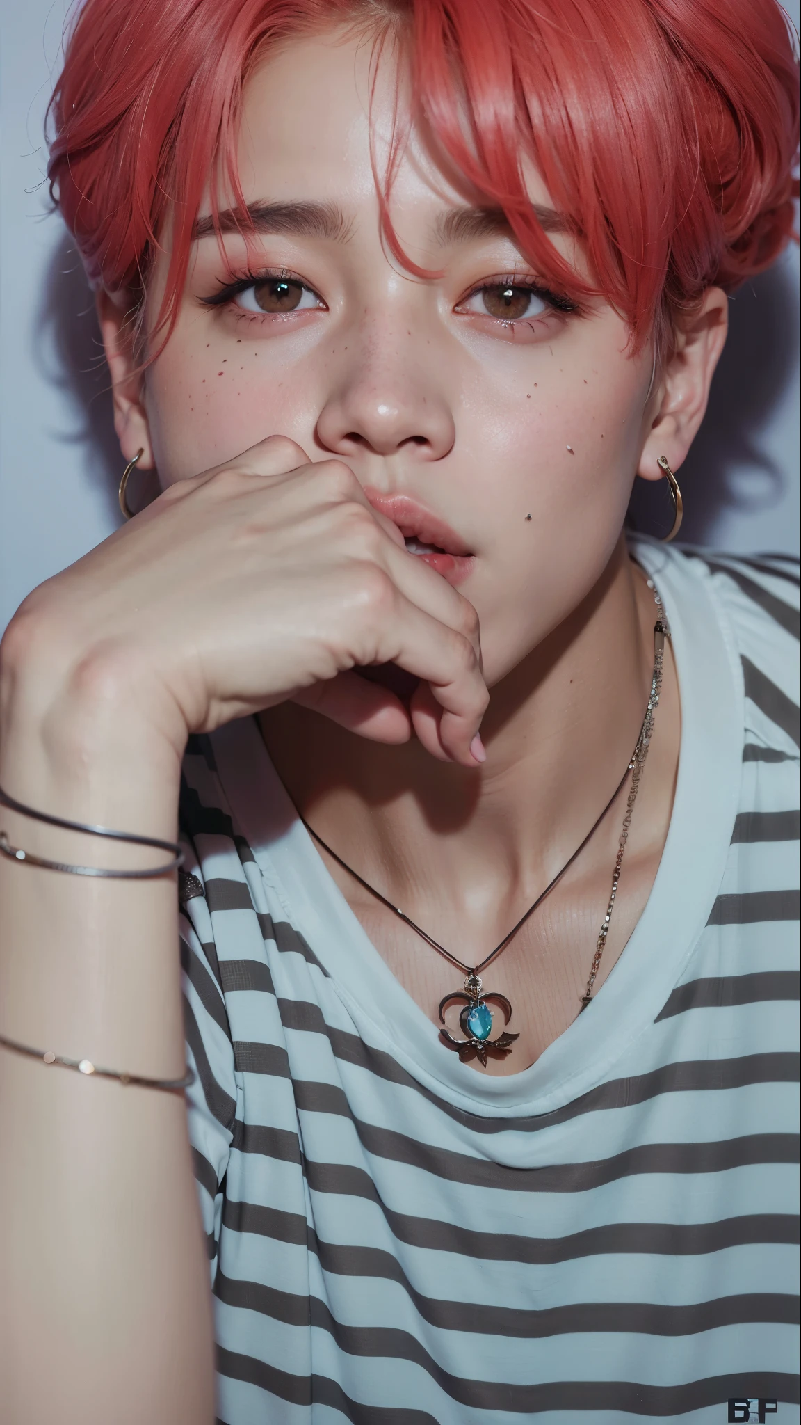 paek jimin with a vermelho hair and a necklace, Jimin\Plump lips, park Jimin, Jimin\Nariz grego, Jimin, , Jimin\'s right eyelid swollen, accurate Jimin face, vermelho , ((vermelho)) olhos fofos, , park Jimin, Jimin\Plump lips, Jimin, accurate Jimin face, Jimin\Nariz grego, Jimin\'s right eyelid swollen, Jimin de cabelos pretos, beautiful young prince, Bts, jiminadorable korean face, labios rechonchudos, boca fechada, labios fechados, sem mostrar os dentes