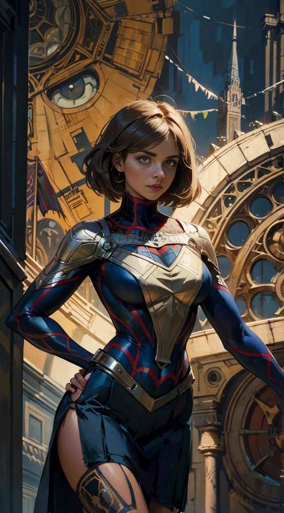 Jenna Louise Coleman、Sticking out the navel、newyork、She wears a torn Spider-Man suit,wearing skirt、abstract photorealistic、artistic、Alphonse Mucha's painting(masterpiece、top-quality、hight resolution:1.4)、detaileds、複雑なdetaileds、4K、color splashes、line-drawing、Fibonacci、