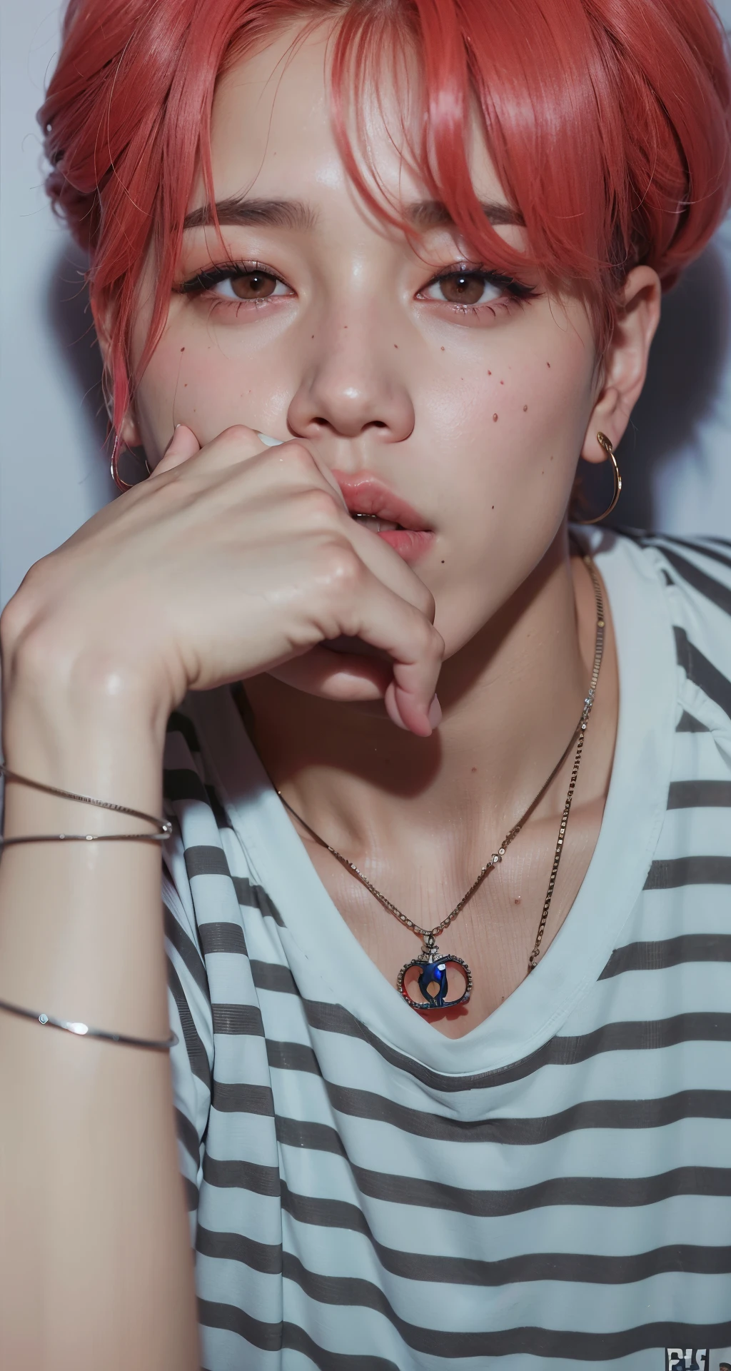 paek jimin with a vermelho hair and a necklace, Jimin\Plump lips, park Jimin, Jimin\Nariz grego, Jimin, , Jimin\'s right eyelid swollen, accurate Jimin face, vermelho , ((vermelho)) olhos fofos, , park Jimin, Jimin\Plump lips, Jimin, accurate Jimin face, Jimin\Nariz grego, Jimin\'s right eyelid swollen, Jimin de cabelos pretos, beautiful young prince, Bts, jiminadorable korean face, labios rechonchudos, boca fechada