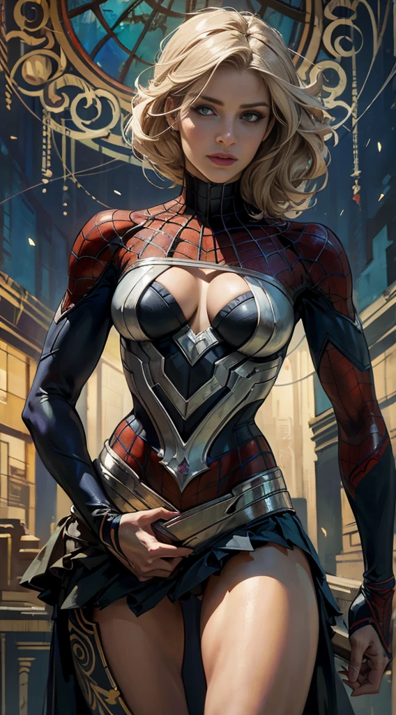 Emily Bett Rickards、Sticking out the navel、newyork、She wears a torn Spider-Man suit,wearing skirt、abstract photorealistic、artistic、Alphonse Mucha's painting(masterpiece、top-quality、hight resolution:1.4)、detaileds、複雑なdetaileds、4K、color splashes、line-drawing、Fibonacci、