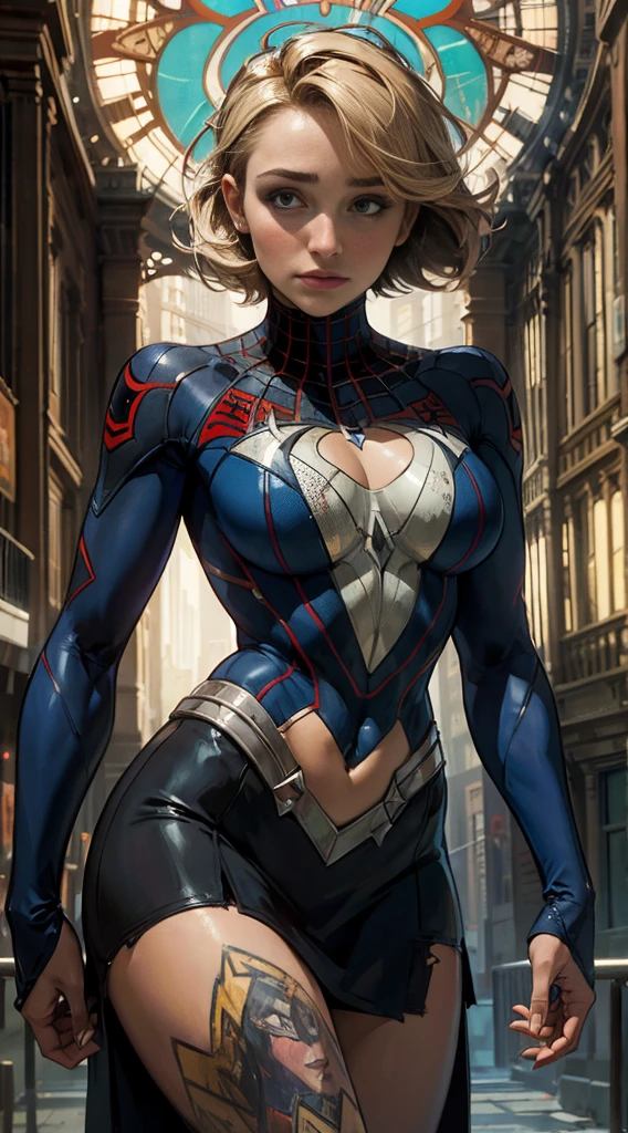 Hayden Panettiere、Sticking out the navel、newyork、She wears a torn Spider-Man suit,wearing skirt、abstract photorealistic、artistic、Alphonse Mucha's painting(​masterpiece、top-quality、hight resolution:1.4)、detaileds、複雑なdetaileds、4K、color splashes、line-drawing、Fibonacci、