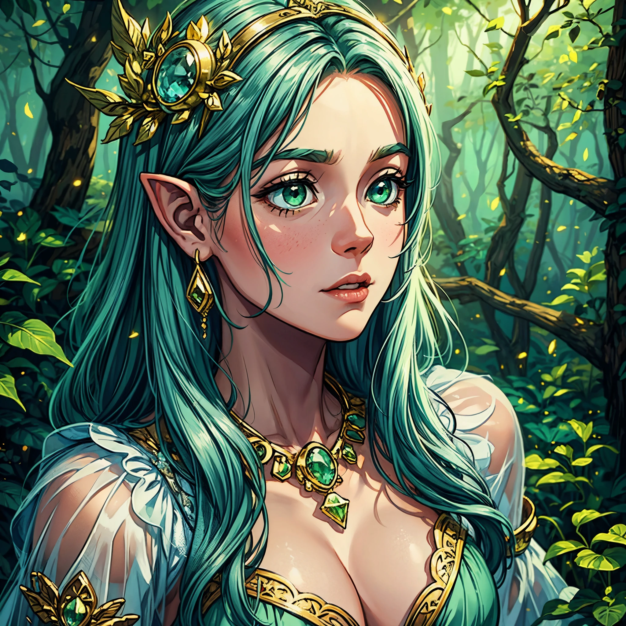 Mystical elf, enchanted forest, close-up revealing otherworldly charm, adorned with intricate gold and silver jewelry, jewels catching the light, light green hair flowing delicately, 1:1 format, soft ethereal glow, fantasy illustrator, detailed and ethereal digital illustration, close-up portrait, gold, silver, and light green color scheme, high-quality and detailed computer graphics, artistic and enchanting quality.