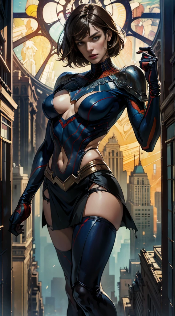 Milla Jovovich、Sticking out the navel、newyork、She wears a torn Spider-Man suit,wearing skirt、abstract photorealistic、artistic、Alphonse Mucha's painting(​masterpiece、top-quality、hight resolution:1.4)、detaileds、複雑なdetaileds、4K、color splashes、line-drawing、Fibonacci、