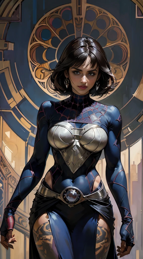 penelope cruz、Sticking out the navel、newyork、She wears a torn Spider-Man suit,wearing skirt、abstract photorealistic、artistic、Alphonse Mucha's painting(masterpiece、top-quality、hight resolution:1.4)、detaileds、複雑なdetaileds、4K、color splashes、line-drawing、Fibonacci、