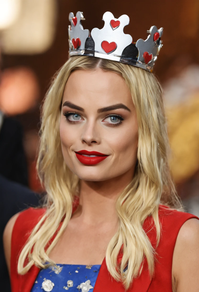 Margot Robbie dressed as Harley Quinn with a queen’s crown on her head