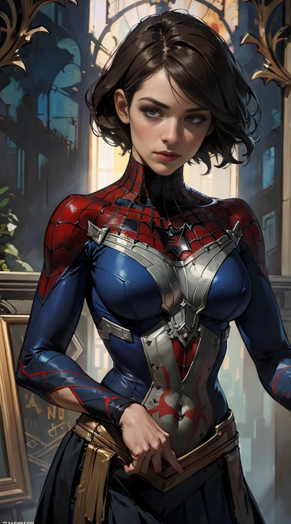 Steampunk style Closeup fullbody portrait of teeny female Spiderman, gnger short hair, city, intricate background, atmospheric scene, masterpiece, best quality, (detailed beautiful face, detail skin texture, ultra-detailed body:1.1), fantasy, feminine+, shiny wet skin, looking at viewer, modelshoot style, (extremely detailed CG), photo of beautiful artwork, High Detail, Sharp focus, dramatic+, (photorealistic), Intricate, handsome, . Antique, mechanical, brass and copper tones, gears, intricate, detailed