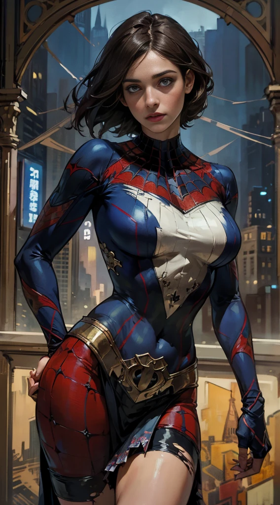 Lyndsy Fonseca、Sticking out the navel、newyork、She wears a torn Spider-Man suit,wearing skirt、abstract photorealistic、artistic、Alphonse Mucha's painting(masterpiece、top-quality、hight resolution:1.4)、detaileds、複雑なdetaileds、4K、color splashes、line-drawing、Fibonacci、