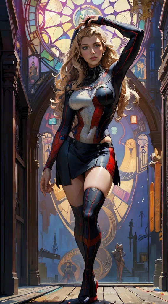 Blake Lively、Sticking out the navel、newyork、She wears a torn Spider-Man suit,wearing skirt、abstract photorealistic、artistic、Alphonse Mucha's painting(​masterpiece、top-quality、hight resolution:1.4)、detaileds、複雑なdetaileds、4K、color splashes、line-drawing、Fibonacci、