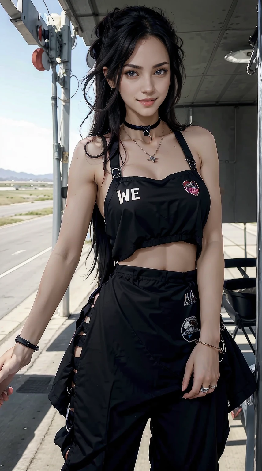 24-year-old woman、Hair color is black、Eye color is dark brown、Longhaire、Straight hair、Slender but well-proportioned muscular man、a smile、My abs are cracked、I can see the belly button、I'm wearing a necklace、accessories on wrist、She's wearing a T-shirt that shows her underboob.、I'm wearing high heels、wearing sheer pants、wearing an apron on the waist、a smile、wearing a lace choker、I'm a waitress at a drive-in in America.