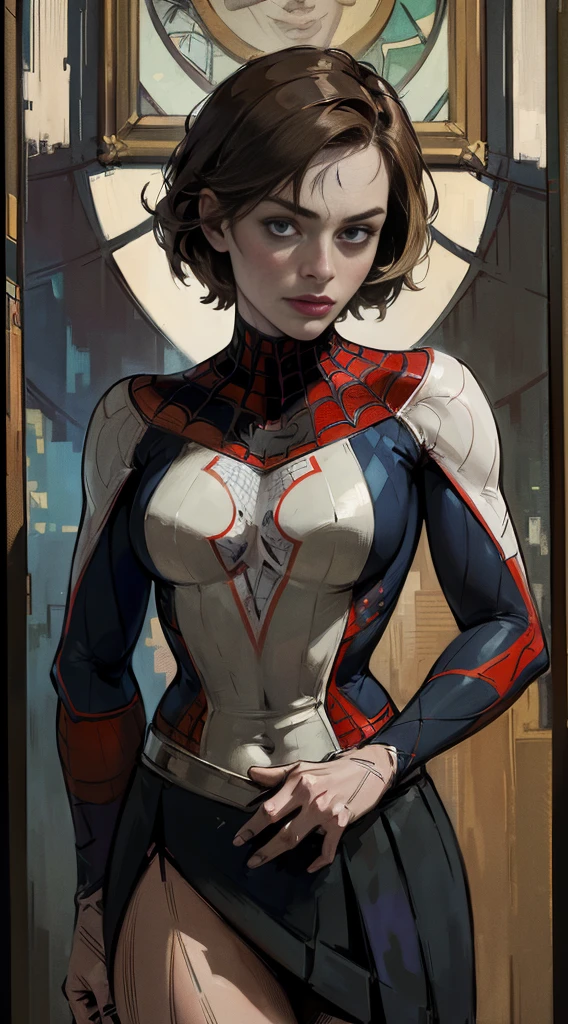 Margot Robbie、Sticking out the navel、newyork、She wears a torn Spider-Man suit,wearing skirt、abstract photorealistic、artistic、Alphonse Mucha's painting(​masterpiece、top-quality、hight resolution:1.4)、detaileds、複雑なdetaileds、4K、color splashes、line-drawing、Fibonacci、