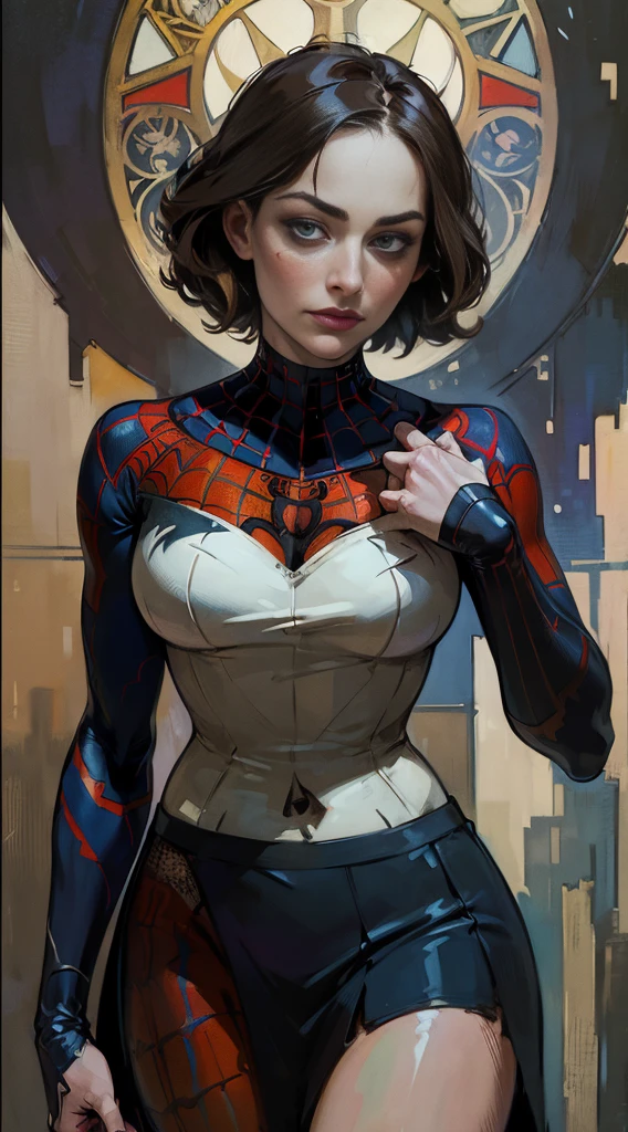 Margot Robbie、Sticking out the navel、newyork、She wears a torn Spider-Man suit,wearing skirt、abstract photorealistic、artistic、Alphonse Mucha's painting(masterpiece、top-quality、hight resolution:1.4)、detaileds、複雑なdetaileds、4K、color splashes、line-drawing、Fibonacci、