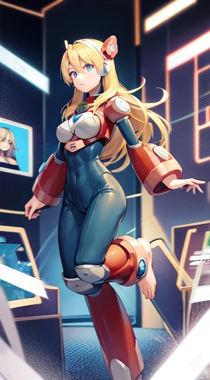 blue eyes, blonde hair, android, long hair, robot ears, (bodysuit), (barefoot), feet