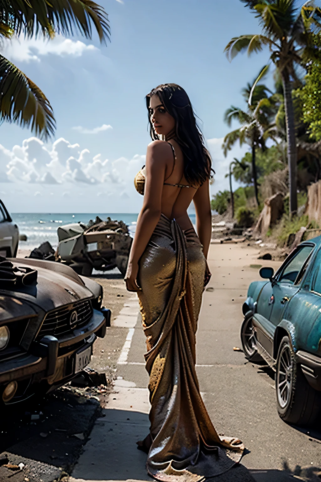 FROM BEHIND In an imaginary world, a mermaid looks desolately at the path that led to the sea, which has become a chaotic junkyard of trash and corpses. We almost no longer see the terracotta that was the joy of potters, baksdie faraway view of a tall woman in a full sari idian gear her curves are impossible and sexy af 8k