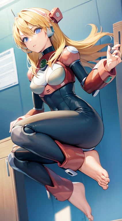 1girl, solo, blue eyes, blonde hair, android, long hair, robot ears, (bodysuit), ((barefoot)), (feet)
