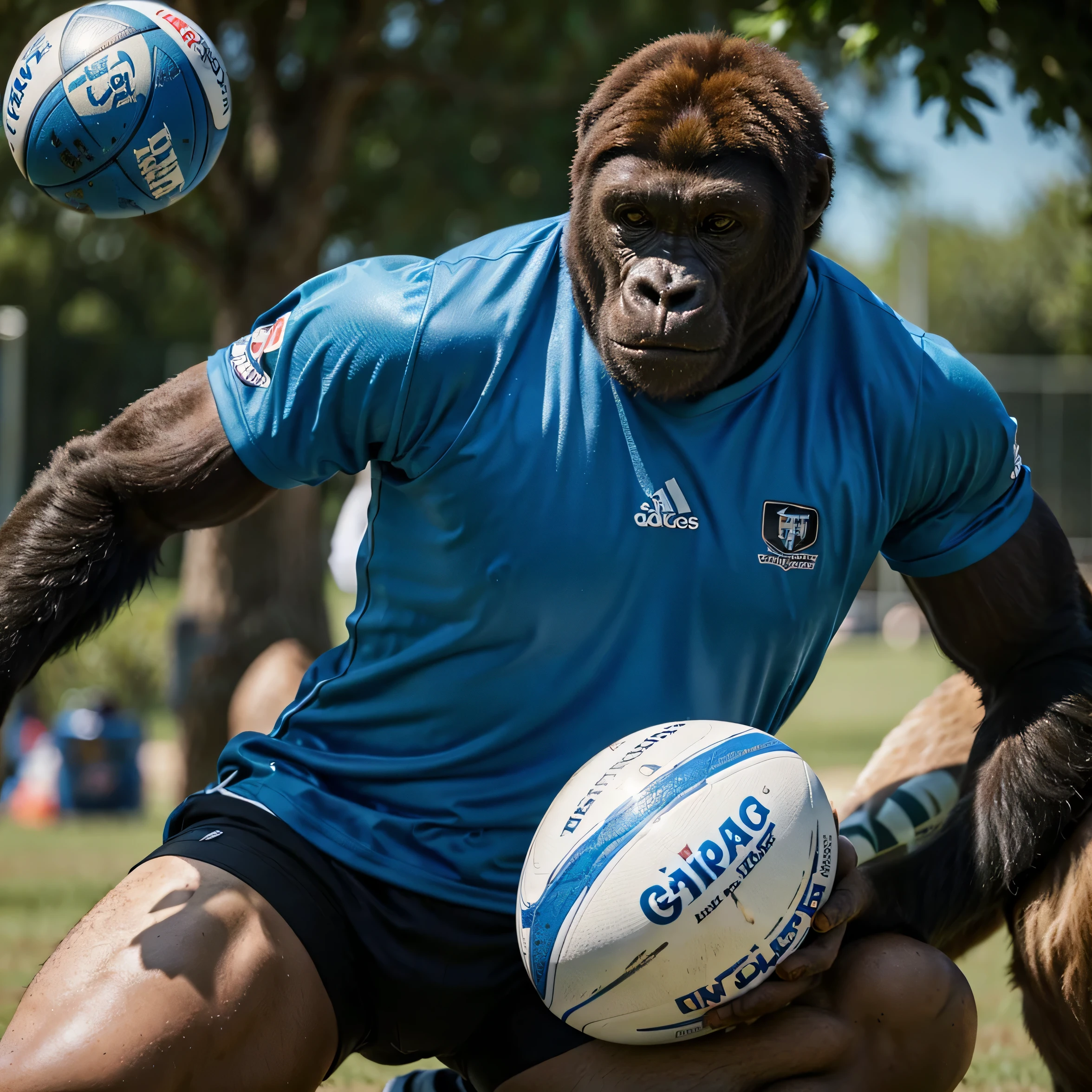 Ultra high resolution, imagem realista de um gorila jogando rugby e vestindo uma camisa azul sem nada escrito nela