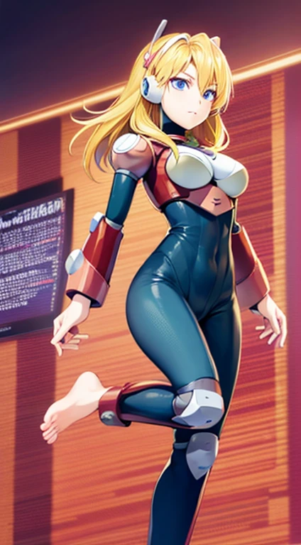 stand up, blue eyes, blonde hair, android, long hair, robot ears, (bodysuit), ((barefoot)), (feet)