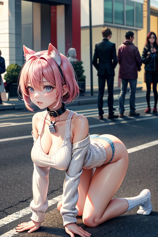 (Best Quality, 4K, 8K, hight resolution, masutepiece:1.2), Pink hair、bobhair、her breasts are beautiful and big。In the middle of a scramble crossing。crowded with passersby。Stand still and pull down pants、Showing sheer panties。shame。twinsies。Wearing a large white coarse sweater and damaged denim pants。The other person is chained to a collar and walking on all fours, completely naked.。