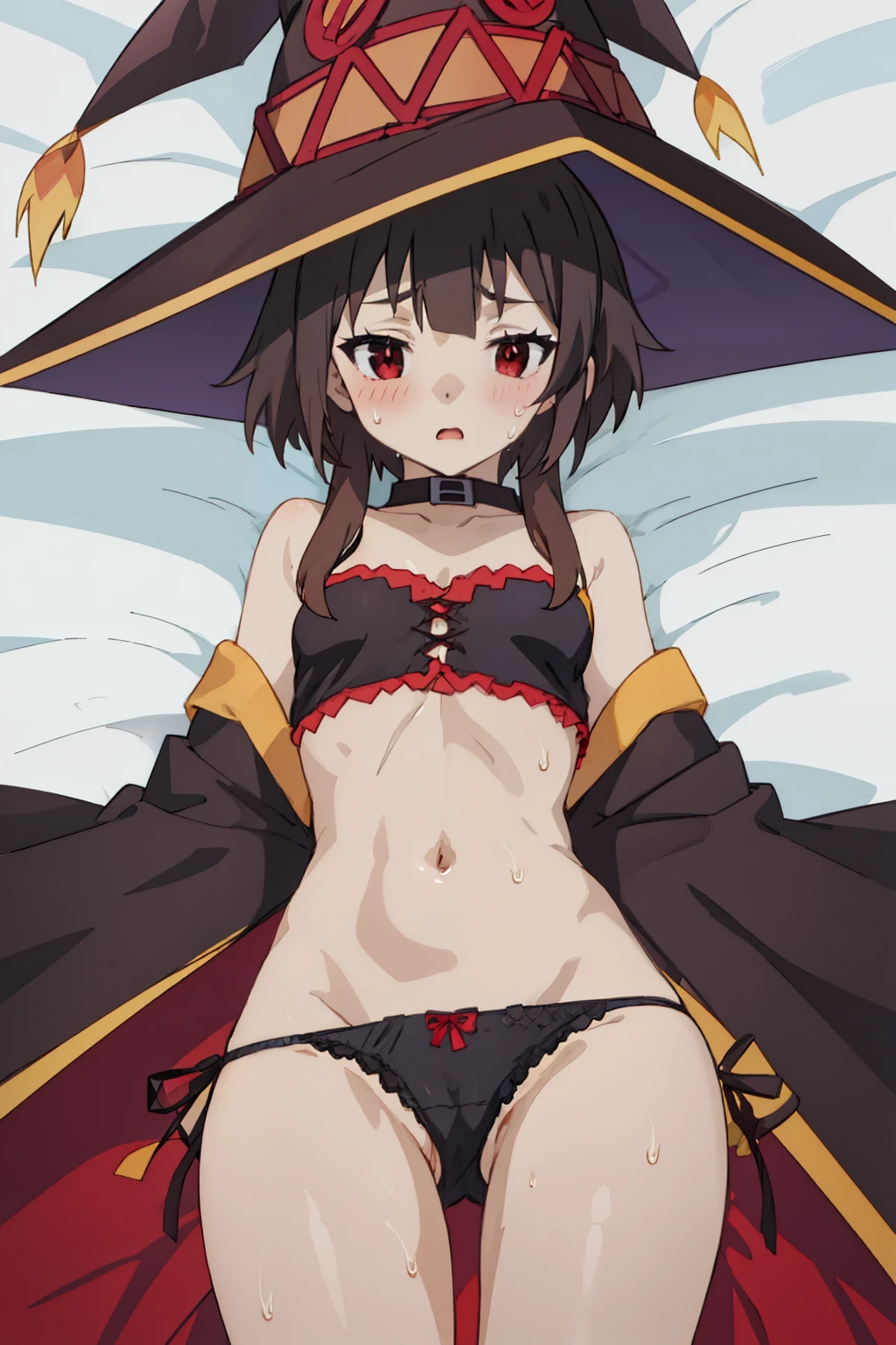 (Best Quality, Masterpiece),sexy, erotic, 1girl, 18 years old, Contempt, pride, short brown hair, ((red eyes)), looking up, medival tabern, sweat, ((pov panties)), witch hat, official outfit, small breasts, black panties
