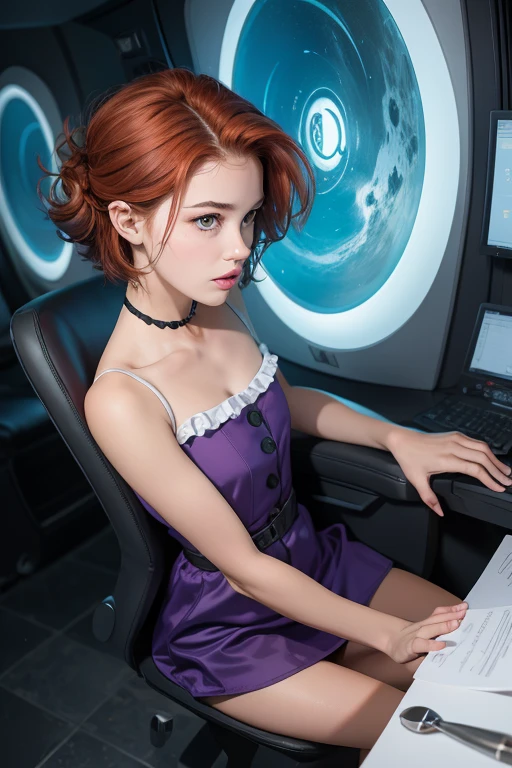 concept art, overhead angle of a Will-o'-the-wisp, wearing Funny Somali Emerald deep orange Pinafore, Caramel hair styled as Short hair, fluorescent purple Hair tie, equirectangular 360, Highres,  [(art by Willi Baumeister:1.1), (art by John T. Biggers:1.2)::17], official art, unity 8k wallpaper, ultra detailed, aesthetic, masterpiece, best quality, photorealistic