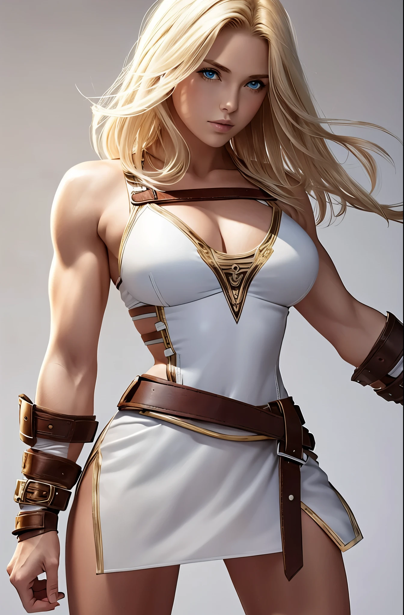 Lithe blonde woman, defined muscles, short wavy hair, barbarian queen, white tunic, leather, straps,  blank background, white background