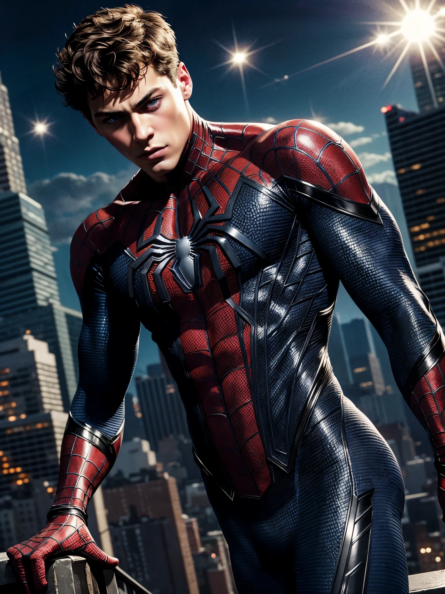 masterpiece, best quality, ultra-detailed, high resolution, extremely detailed, (full body shot:1.1), portrait of a 18 year old of a masculine male model, strong jaw line, young handsome man with a blue eyes, messy short dark hair, wavy hair, muscular, fit body, defined muscles, dark but detailed digital art, wearing a tight spider-man suit, tight fit spider-man suit, spider-man gloves, at the fooftop IN new york city at night, detailed digital painting, detailed fanart, handsome guy slayer art, high detailed, digital painting, detailed portrait, hyper detail portrait, dark atmosphere, dark night, dark night storm