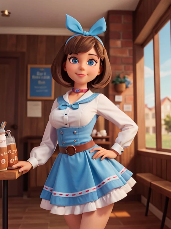 anthro,female,dog,schnauzer,Schnauzer,Schnauzer Anthro,face ,collar,blue eyes,cute,hips,eyes,zoom,breast out,coffe shop,dress,,hair ribbon,skirt,hipster,eyelashes,smile,2d,4k,8k,detailed,hi res,absurd res,