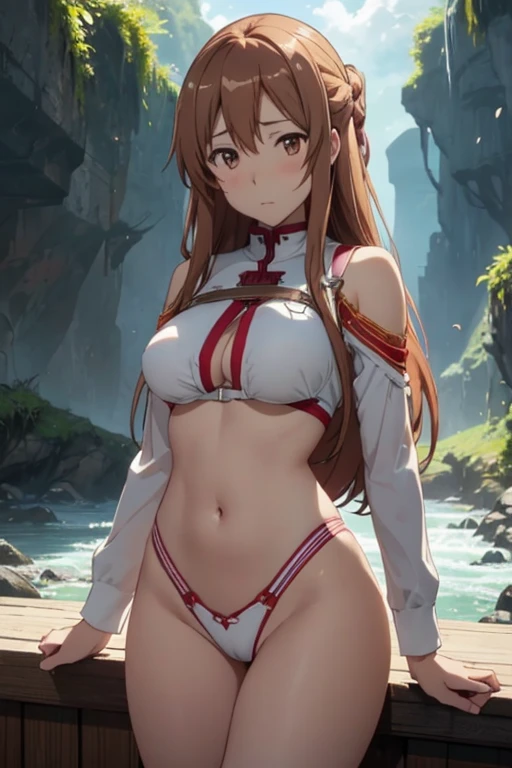 yuuki asuna, kizukiai, brown hair, brown eyes, medium breasts, long hair, Asuna, 1girl, blush, masterpiece, best quality, ultra-detailed, ray tracing, perfect lighting, hot, sexy, sexy body, nsfw, showing her boobs, open legs, no panties, perfect anatomy, detailed image, natural skin texture, sexy body, perfect pussy, open pussy, thinner waist, wide hips, thick thighs, delicate eyes, detailed eyes, better lighting, blue sky, clouds, in a river.