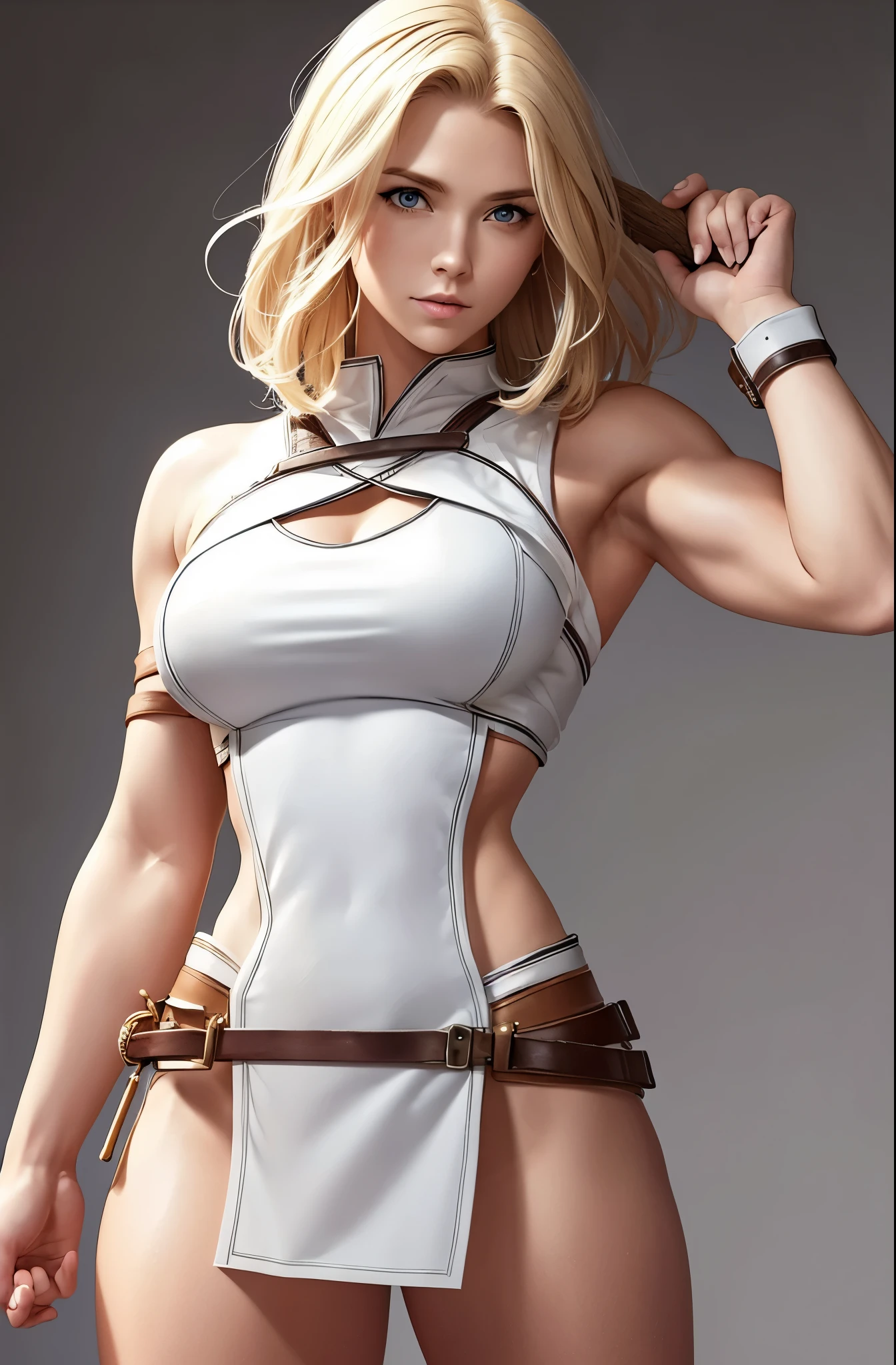 Lithe blonde woman, defined muscles, short wavy hair, barbarian queen, white tunic, leather, straps,  blank background, white background