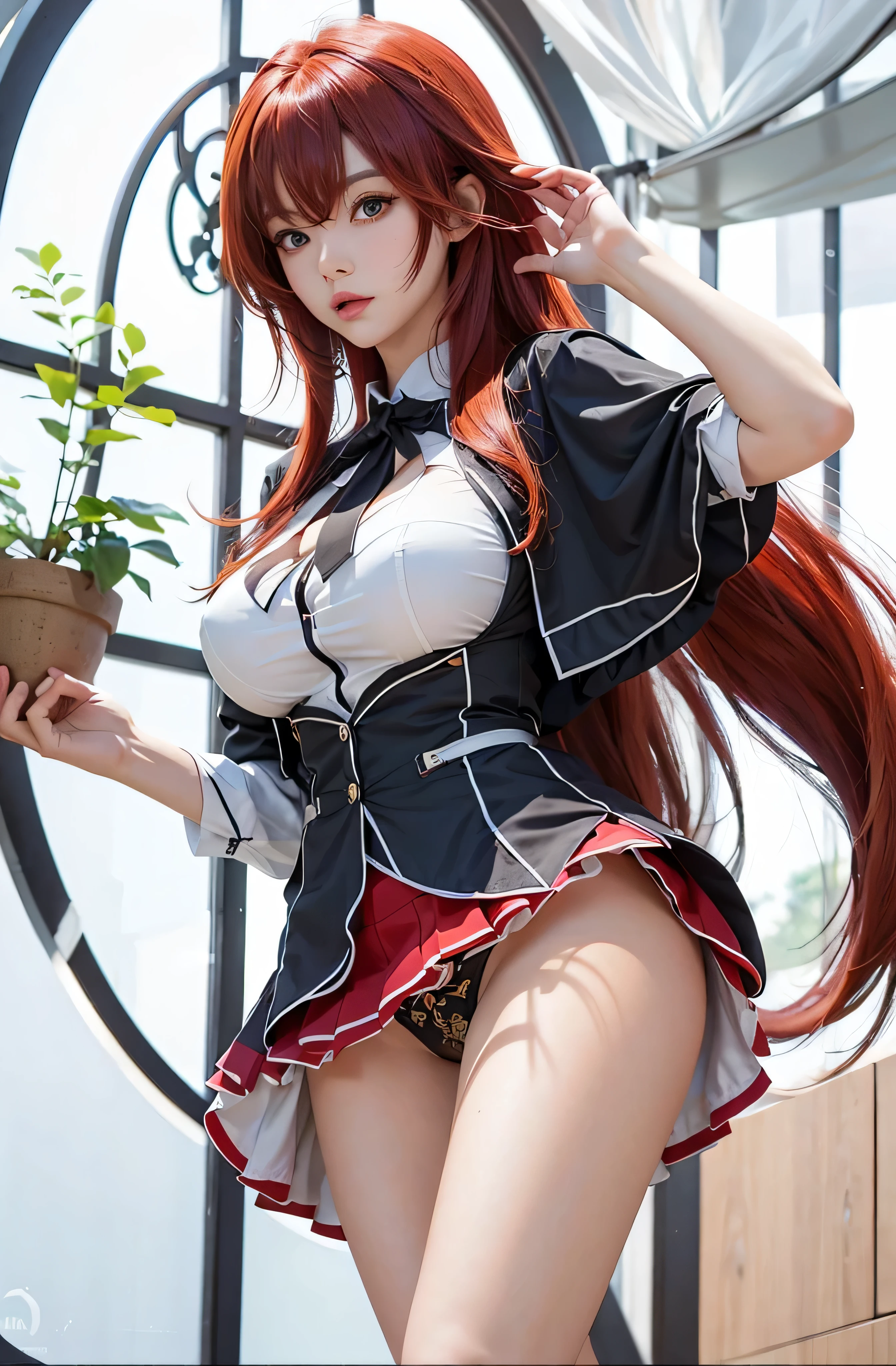 master part, best quality, Altas, best quality, Altas, Rias Gremory, 1girl, cabelos longos, uniforme escolar totalmente desbotado, red hair, Ahoge, olhos azuis, large seios, very cabelos longos, seios, see through bra, saia, see through panties, huge Ahoge, cinto de liga com meia, roupas molhadas, Roupas encharcadas, ao ar livre, Fundo da cidade, sem fundo desfocado, sorrir, Standing,