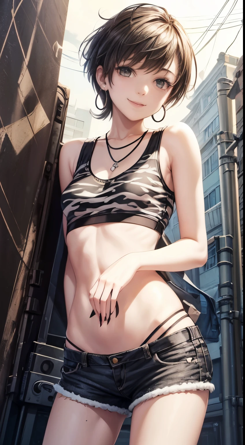 realistic photo, best quality possible, night, street with alley and graffiti on the walls, young woman, 20 years old, brunette with brown eyes, large hoop earrings, very short silver hair, perfect body, well-defined hips, she lifts a black mini blouse that wears and shows completely her small breasts in black transparent bra nipple with piercing, exposed belly, navel piercing, short shorts camouflaged with an open army print showing a black panties, white sneakers, smile and sensual and mischievous look, makeup