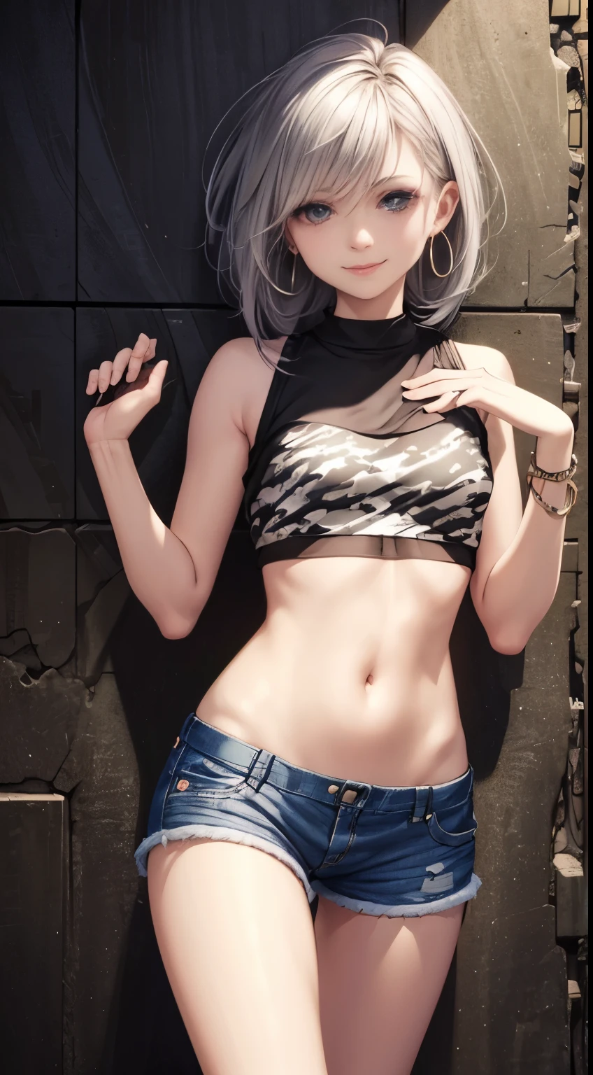 realistic photo, best quality possible, night, street with alley and graffiti on the walls, young woman, 20 years old, brunette with brown eyes, large hoop earrings, very short silver hair, perfect body, well-defined hips, she lifts a black mini blouse that wears and shows completely  her small breasts in black transparent bra nipple with piercing, exposed belly, navel piercing, short shorts camouflaged with an open army print showing a black panties, white sneakers, smile and sensual and mischievous look, makeup