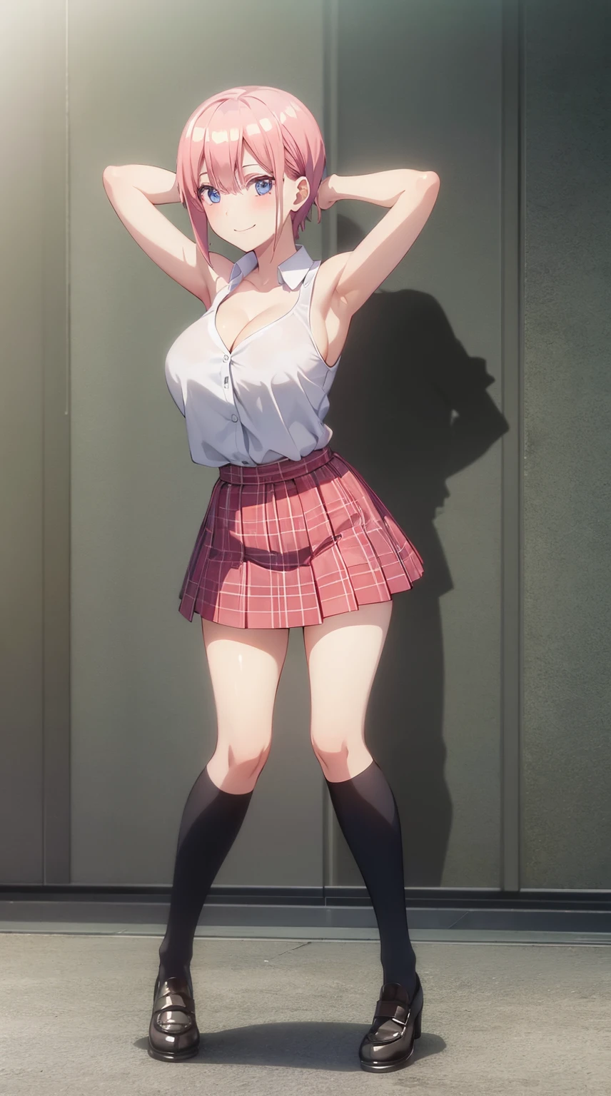 (RAW photo, highest quality, masterpiece: 1.2), (photo: 1.4), 1girl, solo, sexy look, look at the camera, whole body, Nakano Ichika, short pink hair, High heels, (((very big)) chest, large cleavage), (tight bra, super short plaid skirt, super short miniskirt, slender legs, black stocking, school loafers), standing pose, full body shot, line of sight (smile), arms behind head, ((double armpits))