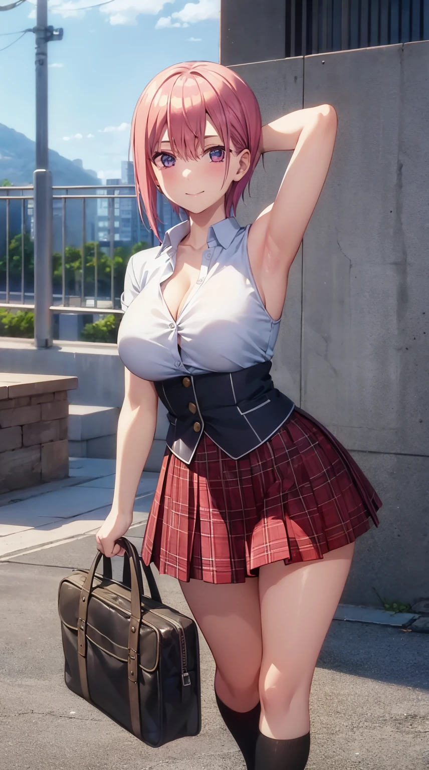 (RAW photo, highest quality, masterpiece: 1.2), (photo: 1.4), 1girl, solo, sexy look, look at the camera, whole body, Nakano Ichika, short pink hair, High heels, (((very big)) chest, large cleavage), (tight bra, super short plaid skirt, super short miniskirt, slender legs, black stocking, school loafers), standing pose, full body shot, line of sight (smile), arms behind head, ((double armpits))