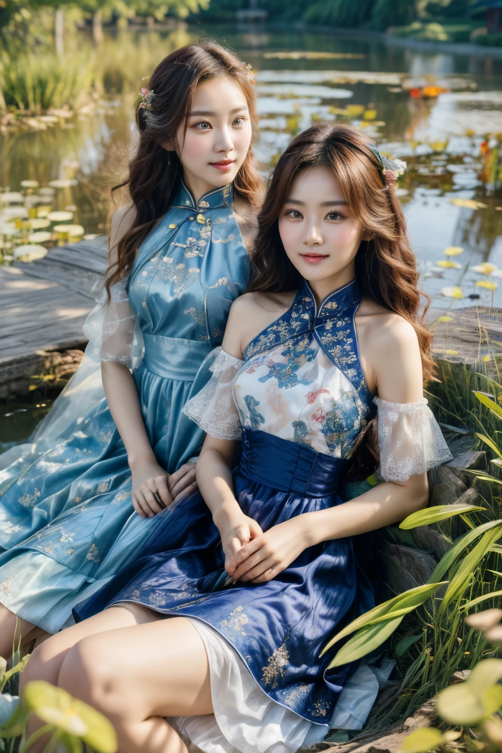 All faces and pictures must be different, high quality, highly detailed, a stunningly photorealistic photo of two beautiful Chinese women,faced, intricate detailed eyes,open shoulders,skirtlift,where two mysterious women sits by the edge of a pond, capturing a romantic atmosphere under the starry sky.