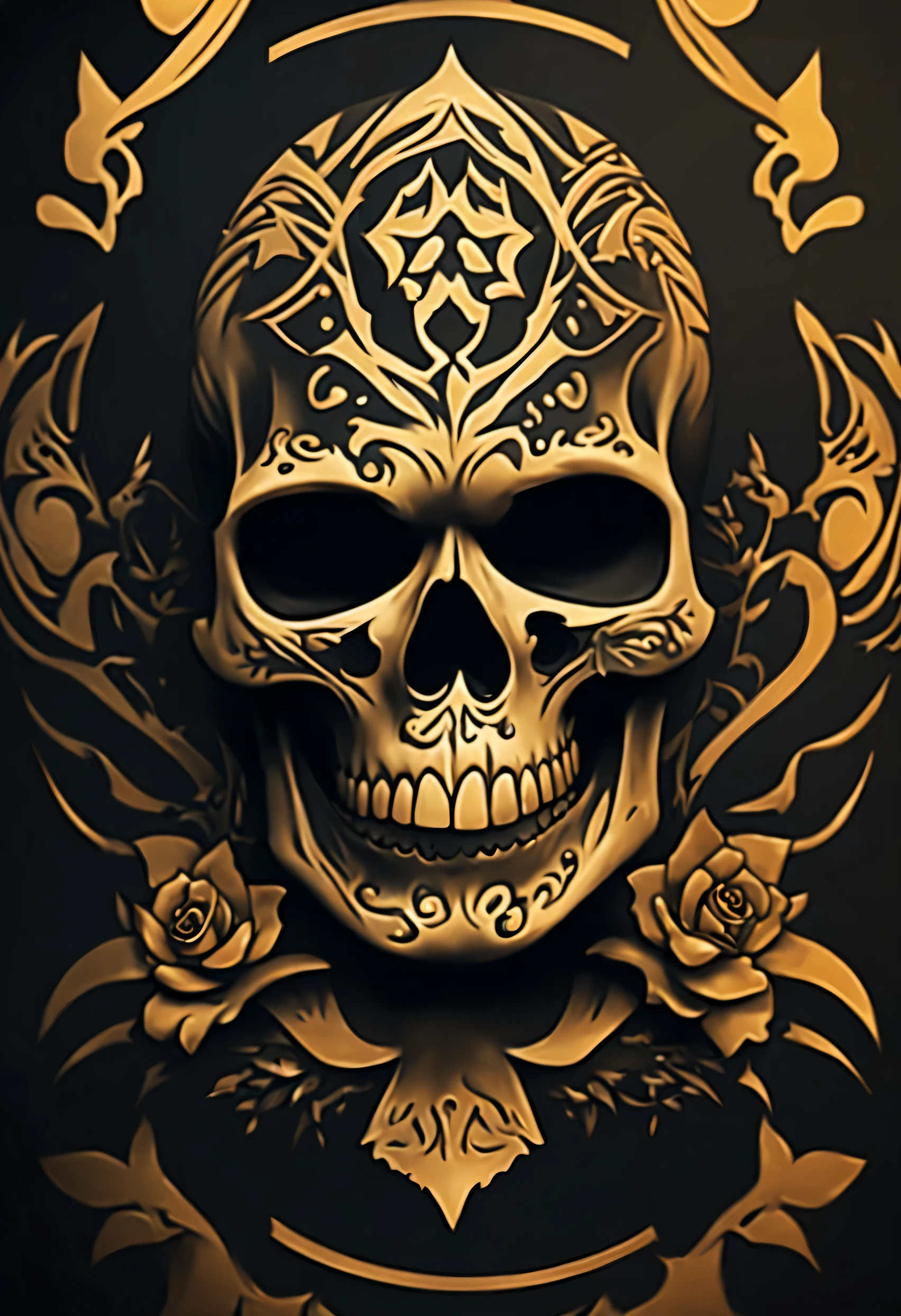 logotipo, nome: Adonias Tattoo, faixa com o nome: Adonias Tattoo caveira ao centro bem detalhada, usando uma coroa dourada, tatuagem realista, bem detalhada, 4k, obscuro, fundo preto, alta resolução