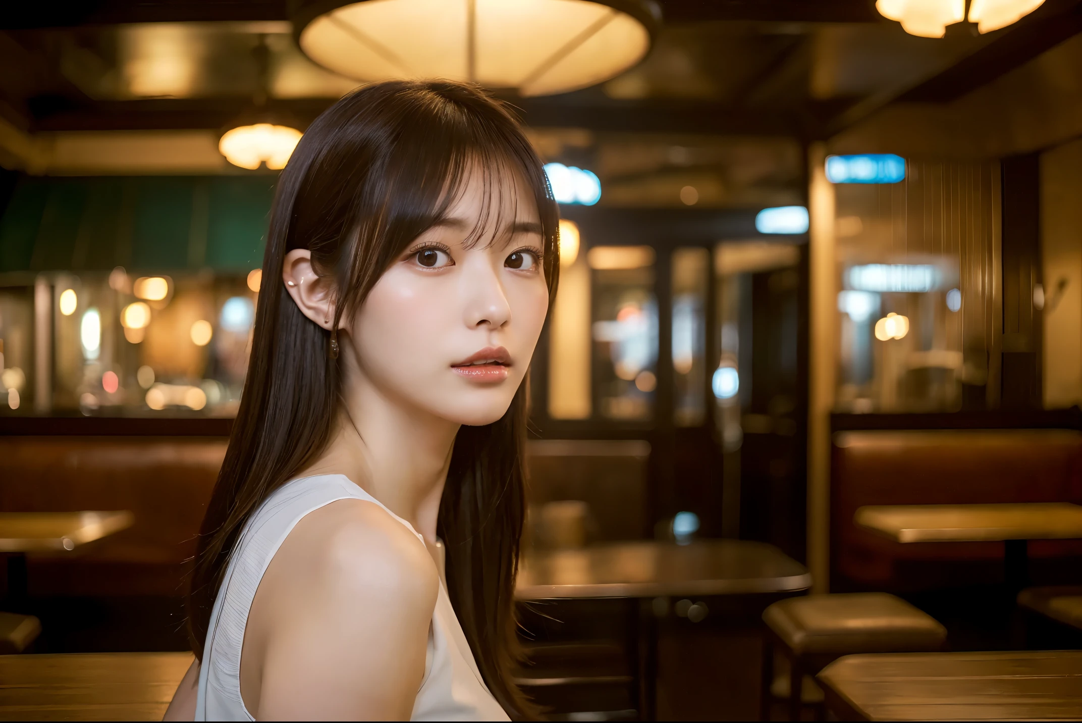 (The ultra -The high-definition:1.5)(ultra-detailliert:1.3) (ultra-quality) (An ultra-high picture quality:1.5) (rialistic photo:1.3) A Japanese Lady　21years old　((detailed and beautiful faces:1.3)) ((realistic skin textures:1.3)) ((Precise, high-quality eyes:1.3)) ((The beauty of detailed and high quality ears, Very fair and transparent skin:1.3)) ((Beautifully groomed straight short bob hair))Complete body　beautiful proportion　(Thin sleeveless shirt in fabric)　long gathered skirt　The background is the inside of a cafe at dusk..　Beautiful, Luxurious and stylish interior　((stare at the viewer erotically:1.3)) Wet lips ajar　 Colossal tits　Very beautiful high definition image quality