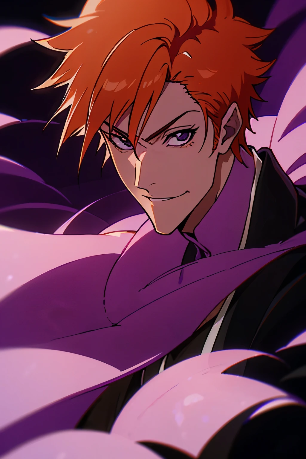 ((melhor qualidade)), ((master part)), 18-year-old man with smiling features with purple eyes and purple hair with orange streaks, utilizando roupas da gotei 13 do anime bleach, 2D Animation, anime