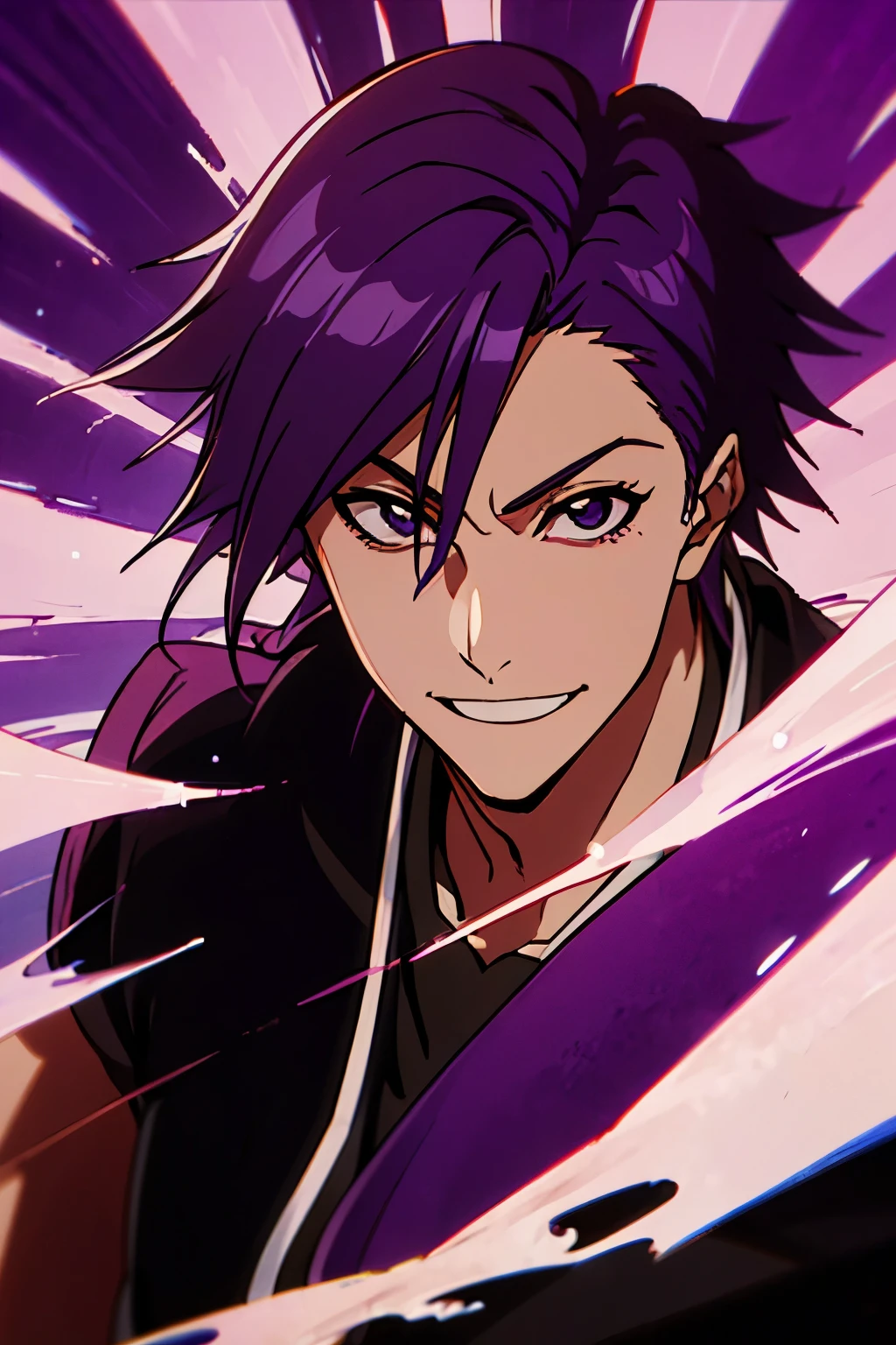 ((melhor qualidade)), ((master part)), 18-year-old man with smiling features with purple eyes and purple hair with orange streaks, utilizando roupas da gotei 13 do anime bleach, 2D Animation, anime