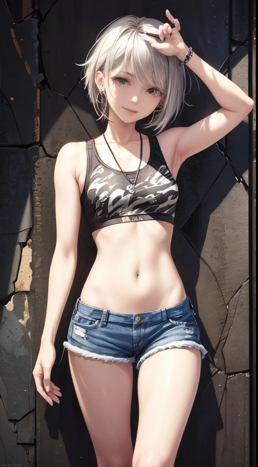 realistic photo, best quality possible, night, street with alley and graffiti on the walls, young woman, 20 years old, brunette with brown eyes, large hoop earrings, very short silver hair, perfect body, well-defined hips, she uses transparent black bra nipple with piercing, exposed belly, navel piercing, short shorts camuflaged with an open army print showing a black panties, white sneakers, smile and sensual and mischievous look, makeup