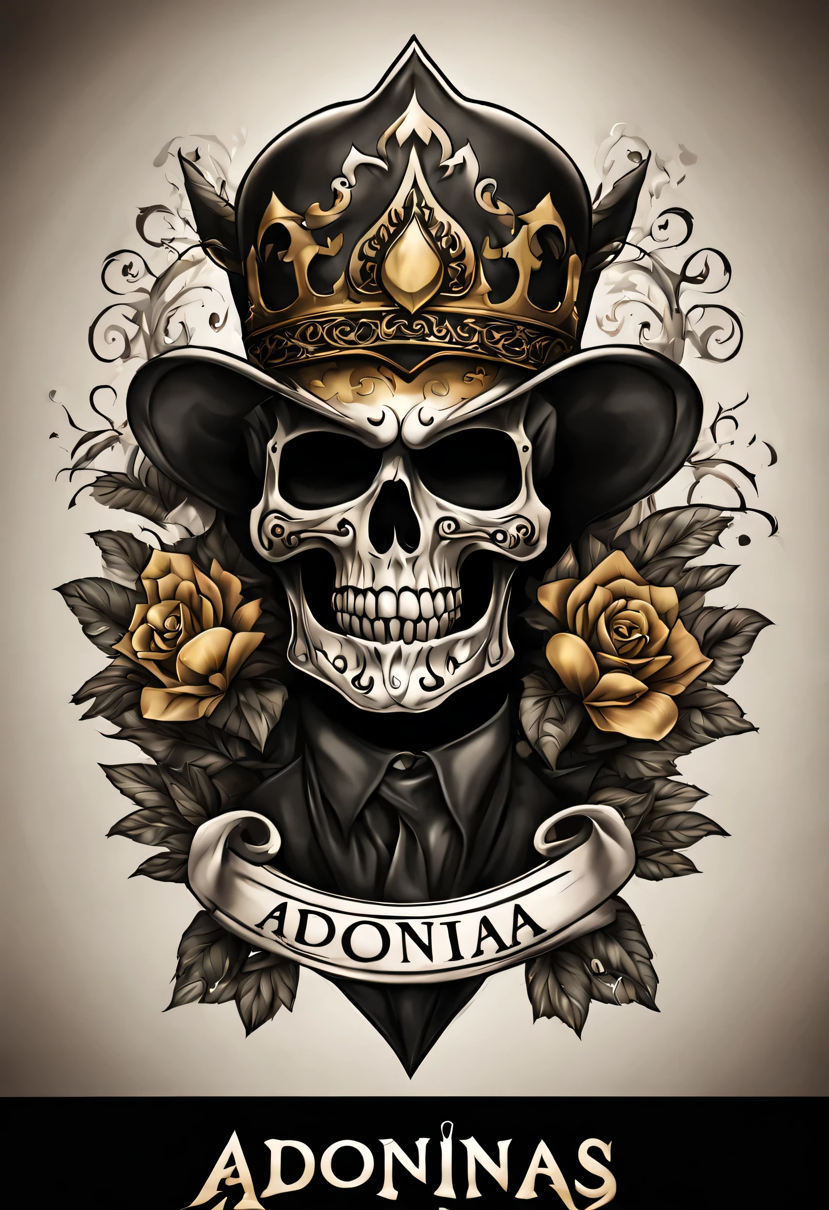 logotipo, nome: Adonias Tattoo, faixa com o nome: Adonias Tattoo caveira ao centro bem detalhada, usando uma coroa dourada, tatuagem realista, bem detalhada, 4k, obscuro, fundo preto, alta resolução