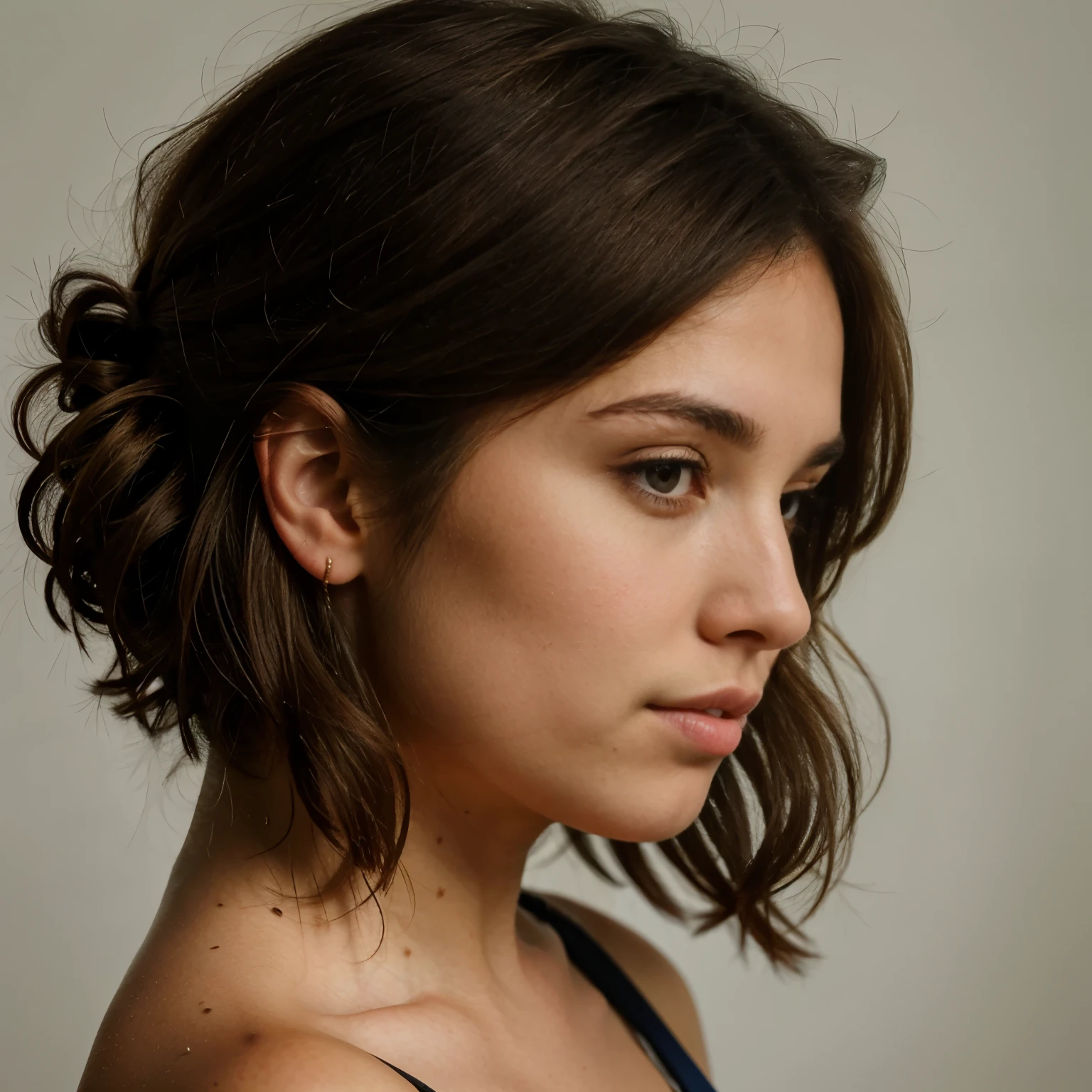 a portrait of a brunette girl in profile with a French nose