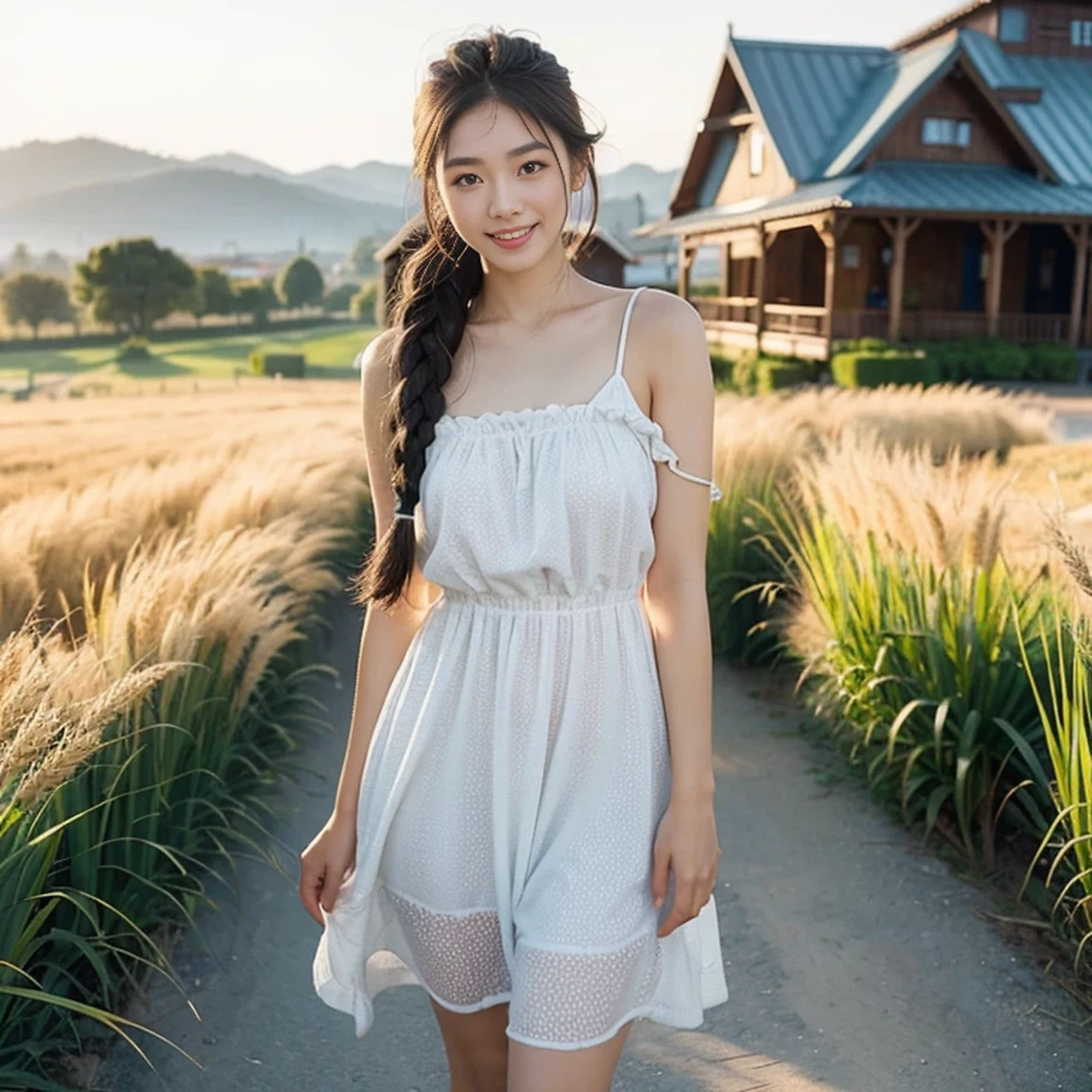 1girl, 20 years old, tall and attractive, wearing a cute country dress, hair braided, standing in a rustic farm setting. She has a soft, gentle smile and expressive eyes. In the background are charming barns, golden wheat fields and clear blue skies. The composition should be bathed in warm golden hour light, with soft depth of field and soft bokeh to accentuate the idyllic tranquility. Capture images as if they were shot on vintage 35mm film for added oomph, filmg,