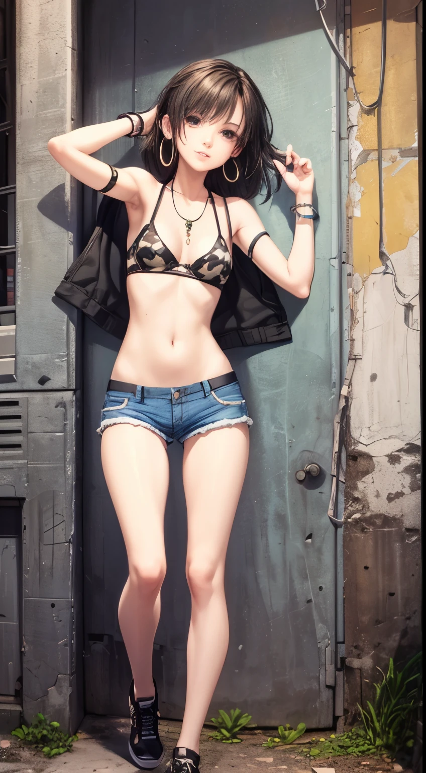 realistic photo, best quality possible, night, street with alley and graffiti on the walls, young woman, 20 years old, brunette with brown eyes, large hoop earrings, very short silver hair, perfect body, well-defined hips, she uses transparent black bra nipple with piercing, exposed belly, navel piercing, short shorts camuflaged with an open army print showing a black panties, white sneakers, smile and sensual and mischievous look, makeup