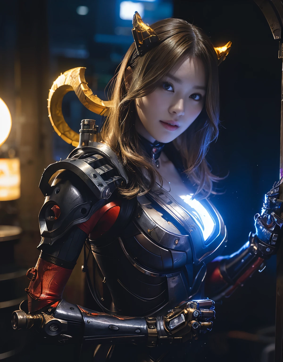 ((Fighting Demonic Beasts))、top-quality、masterpiece、超A high resolution、(Photorealsitic:1.4)、Raw photo、女の子1人、Golden hair、glowy skin、(((1 Mechanical Girl)))、With a beautiful knife、(Blue Metal Bodysuit)、(beautiful forest background)、(Fighting Demonic Beasts)、(Small LED)、((super realistic details))、vertical giant monster background),globalillumination、Shadow、octan render、8K、ultrasharp、Colossal tits、Raw skin is exposed in cleavage、metals、Details of complex ornaments、Japan details、highly intricate detail、Realistic light、CGSoation Trends、Red Eyes、Eyes shining towards the camera、neon details、(Mechanical edge blood vessels connected to tubes)、Mechanical vertebrae attached to the back、mechanical cervical attaching to neck、(Wires and cables connecting to the head)、Gundam、Small LED、,Mechanical thighs、Toostock、(Hands are also made of machines)、(Attack of the Monster Beasts)、(Wounded in a deadly battle)、