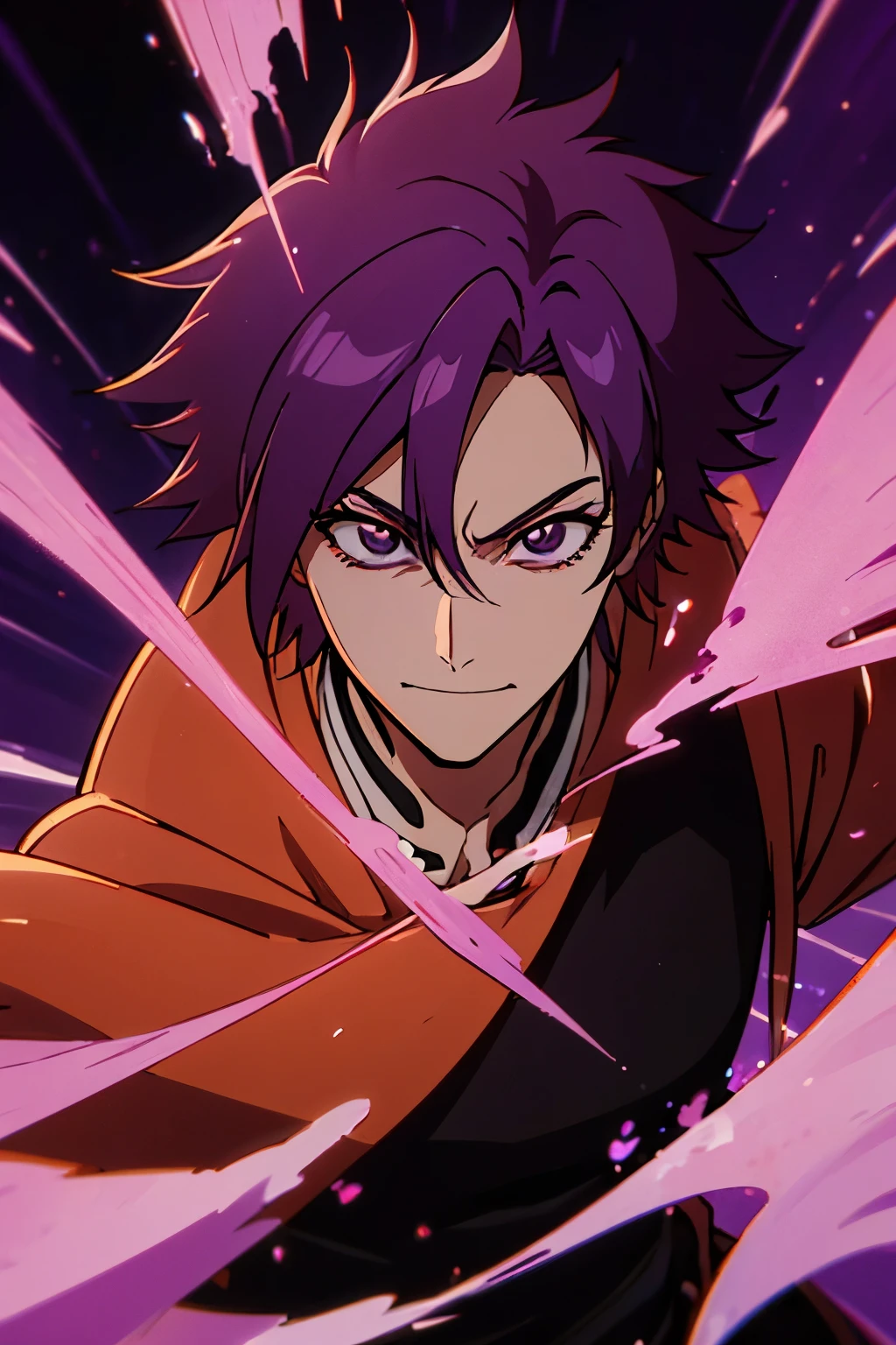 ((melhor qualidade)), ((master part)), 18-year-old man with smiling features with purple eyes and purple hair with orange streaks, utilizando roupas da gotei 13 do anime bleach, Mascara hollow kindred, 2D Animation, anime