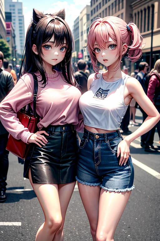 (Best Quality, 4K, 8K, hight resolution, masutepiece:1.2), Pink hair、bobhair、her breasts are beautiful and big。In the middle of a scramble crossing。crowded with passersby。Stand still and pull down pants、Showing sheer panties。shame。twinsies。Shopping while holding hands。Wearing a large white coarse sweater 。The twins have long legs and great style.。The twins are each wearing a black skirt and distressed denim shorts.