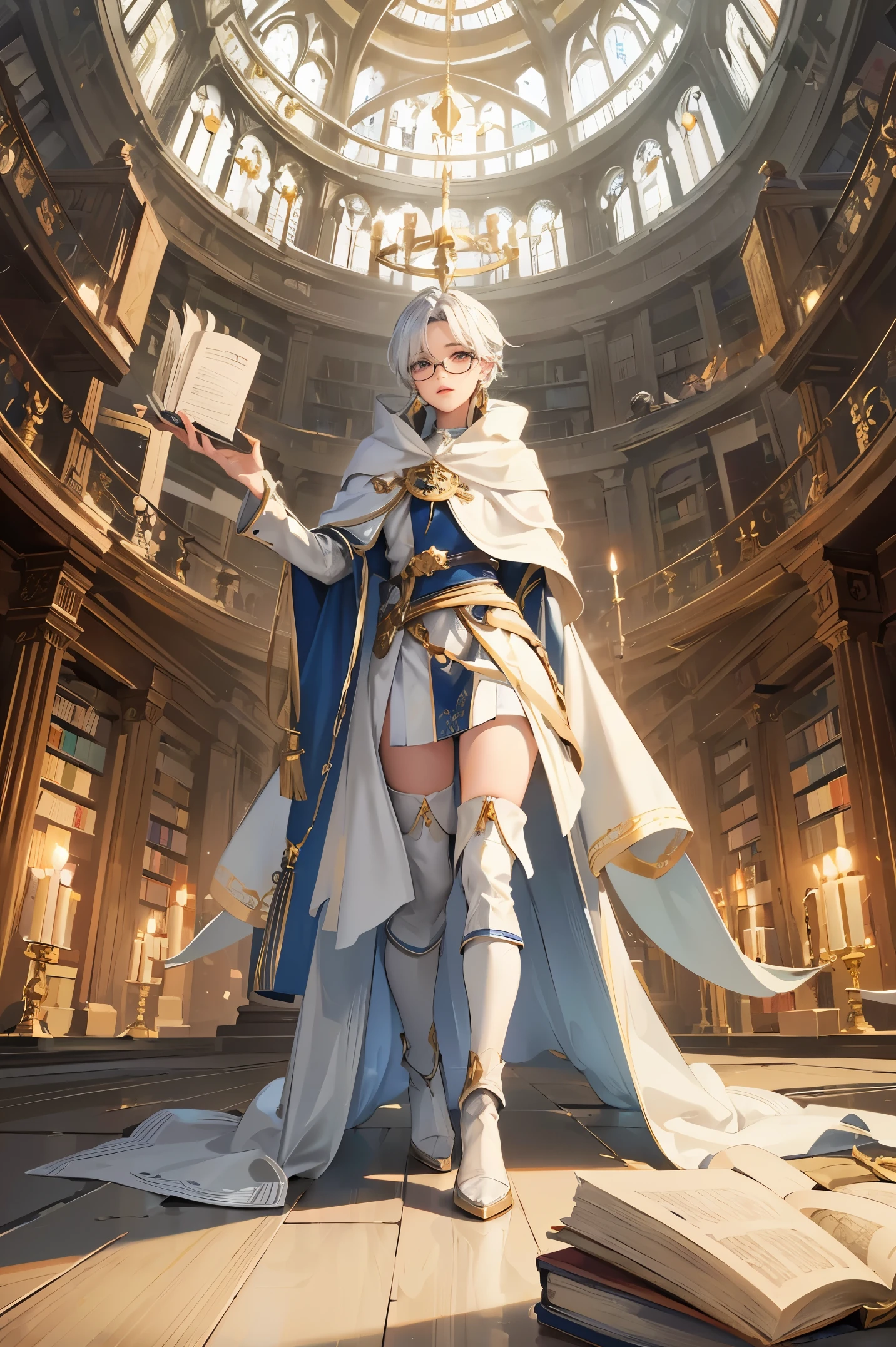 an androgynous boy with long white hair stands inside a large library and holds an open book, the boy is wearing a white cloak with blue jewelry and gold adornments, in lingerie and glasses, the library is lit by candles and filled with books stacked on the floor, with a large round window in the background showing the galaxy with a constellation, Perfect lips, symmetrical face, olhos realistas, pele de porcelana, HDR, UHD