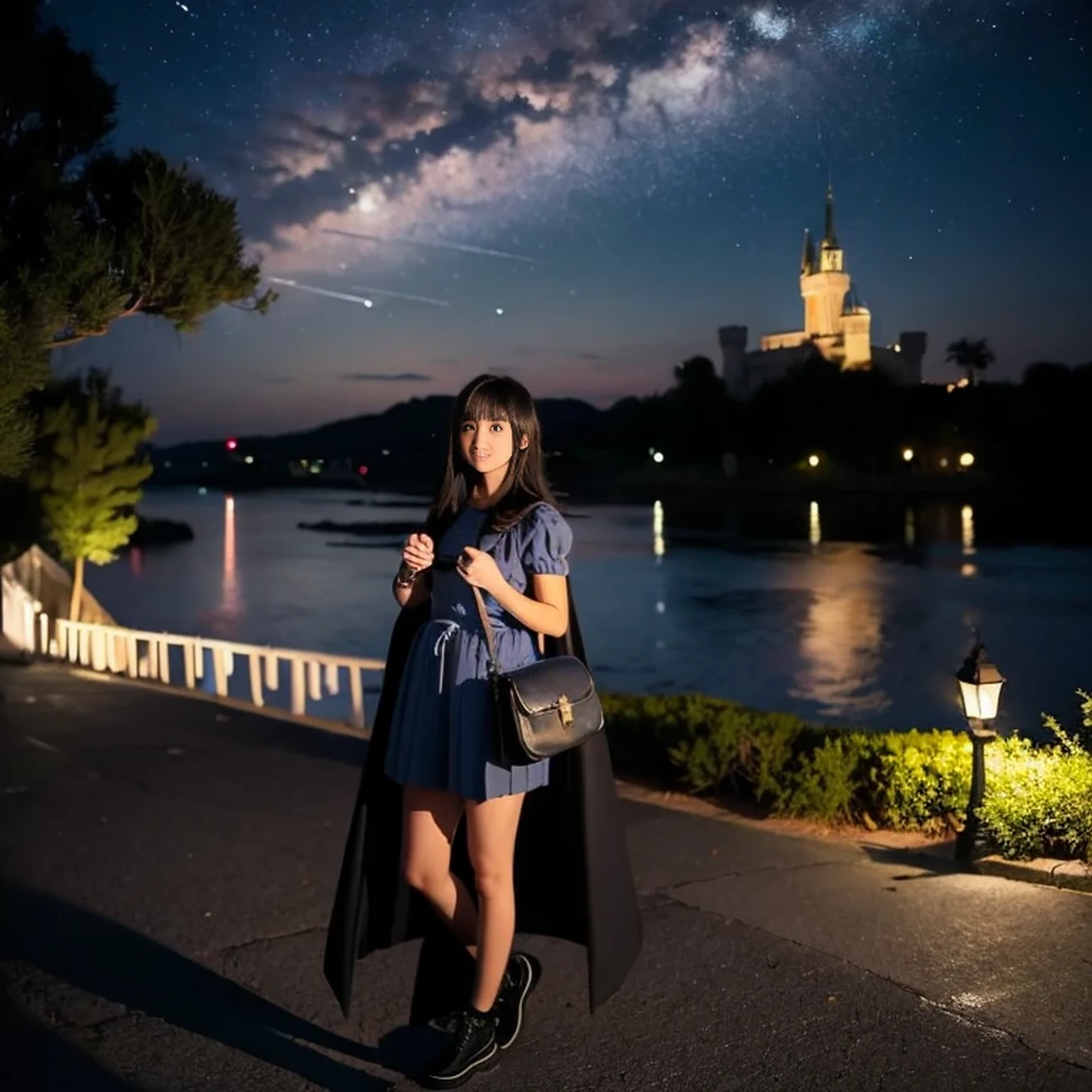 night sky, castle,  1girl, standing, solo, full body, , maribe, puffy short sleeves,  cape, bag